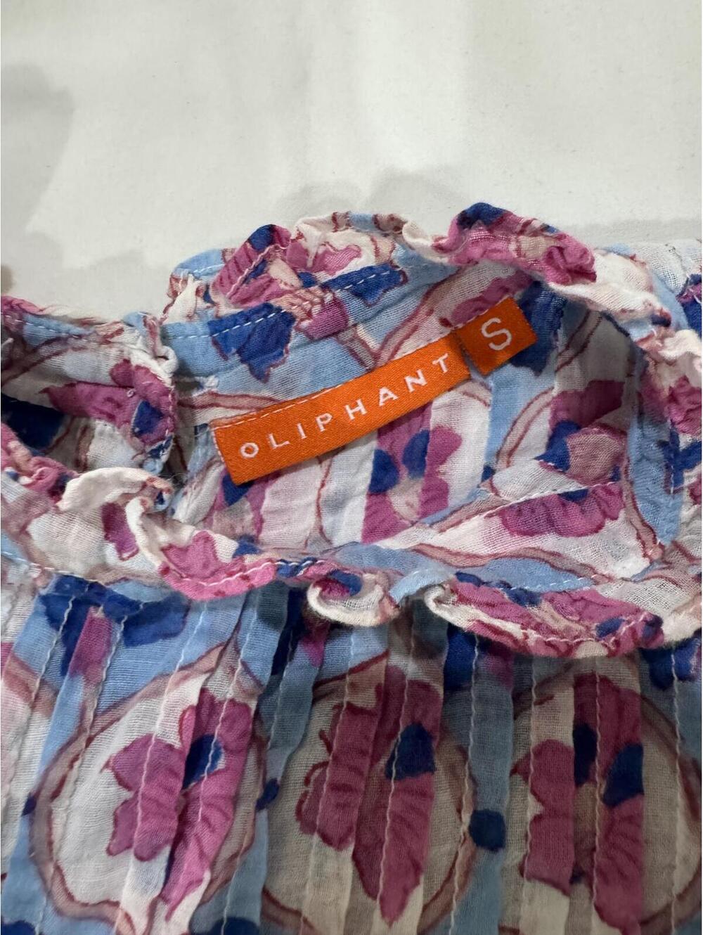 Oliphant Pink Floral Block Print Cotton Smocked Ruffle Blouse Small - Picture 5 of 8